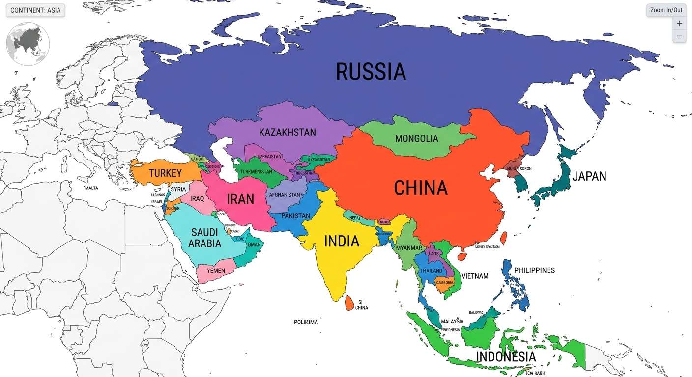 Detailed Asia map showing country borders and regions