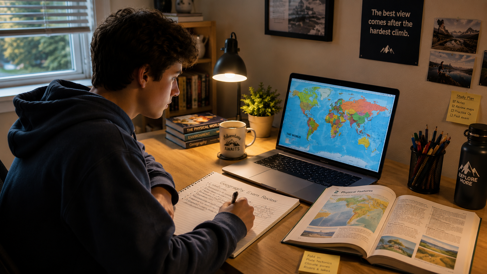 A student using a digital world map to study for a geography exam